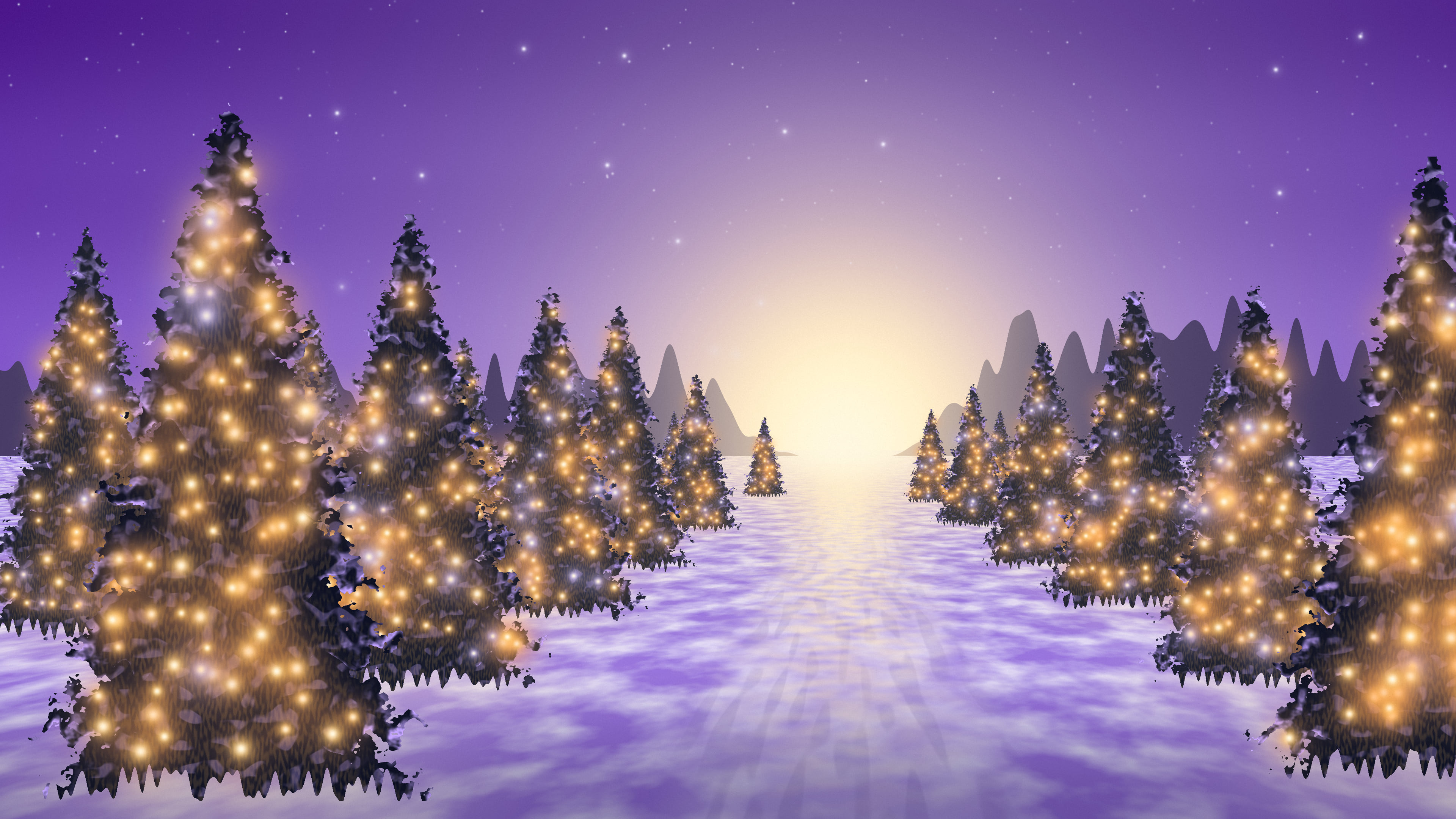 Purple Christmas Lights Forest Path desktop wallpaper in 4K