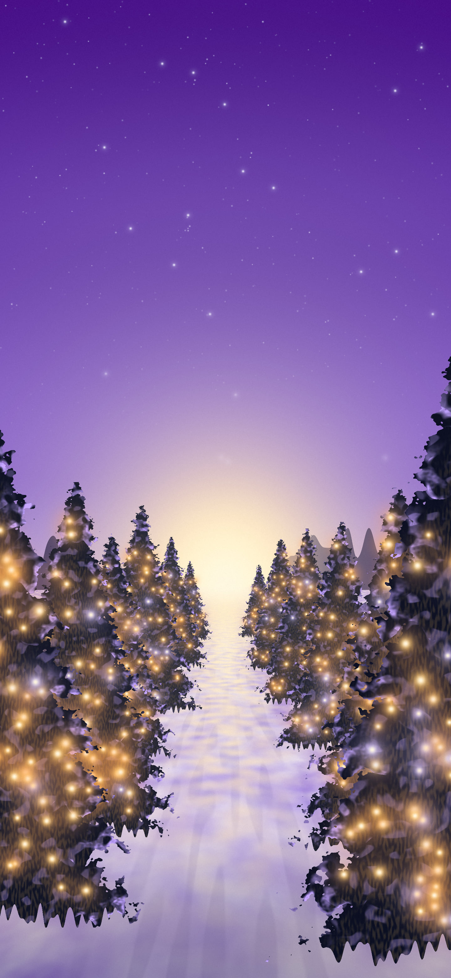 Purple Christmas Lights Forest Path wallpaper for iPhone and Android