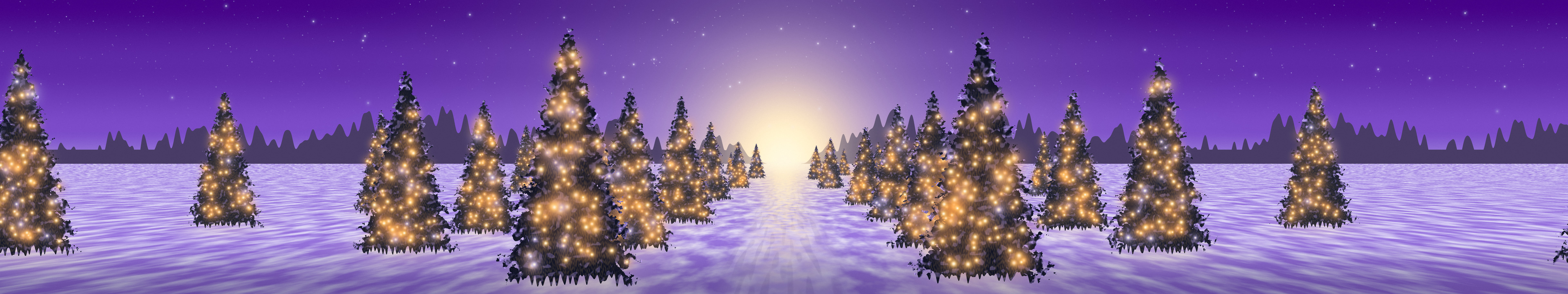 Purple Christmas Lights Forest Path triple monitor wallpaper, 7680 × 1440