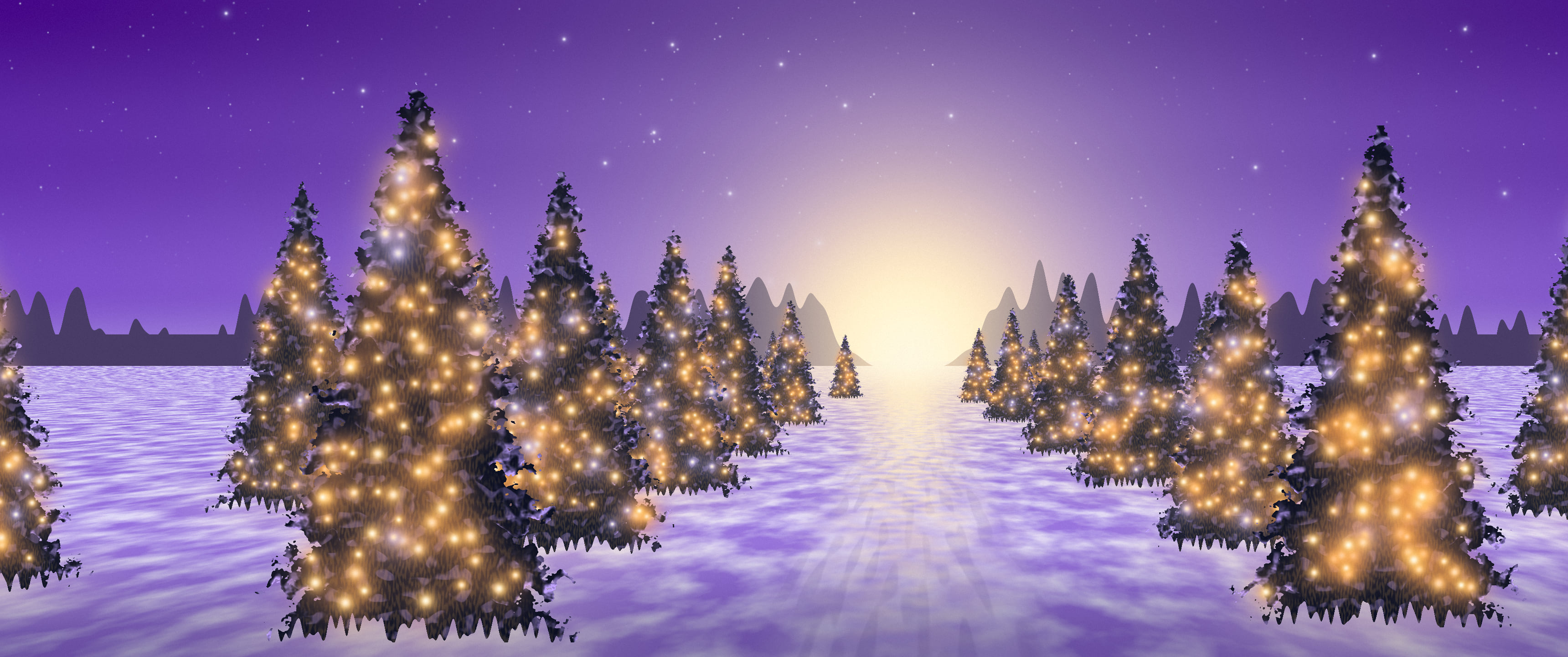 Purple Christmas Lights Forest Path ultrawide wallpaper, 3440 × 1440
