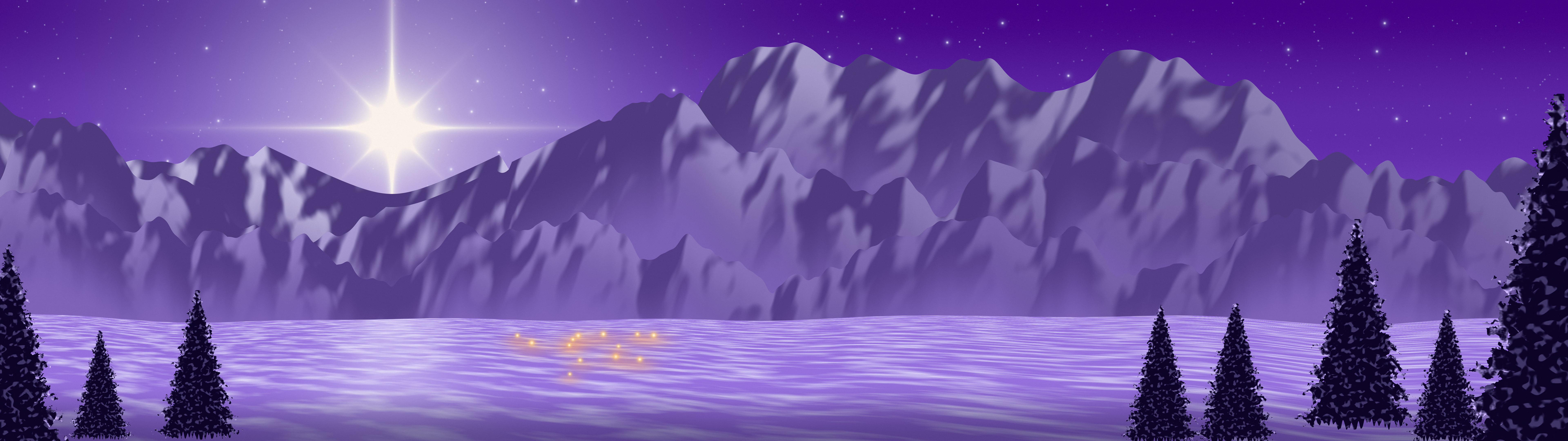 Purple Christmas Star over Mountains dual monitor wallpaper, 7680 × 2160