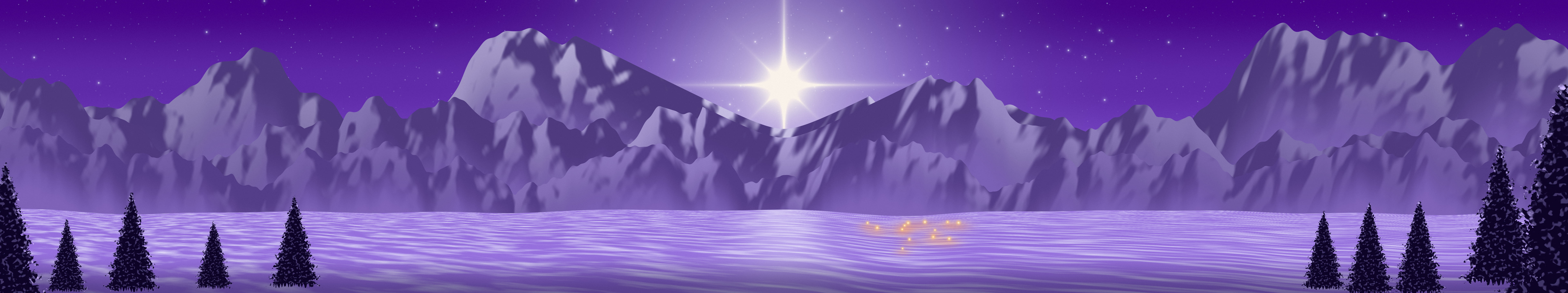 Purple Christmas Star over Mountains triple monitor wallpaper, 7680 × 1440