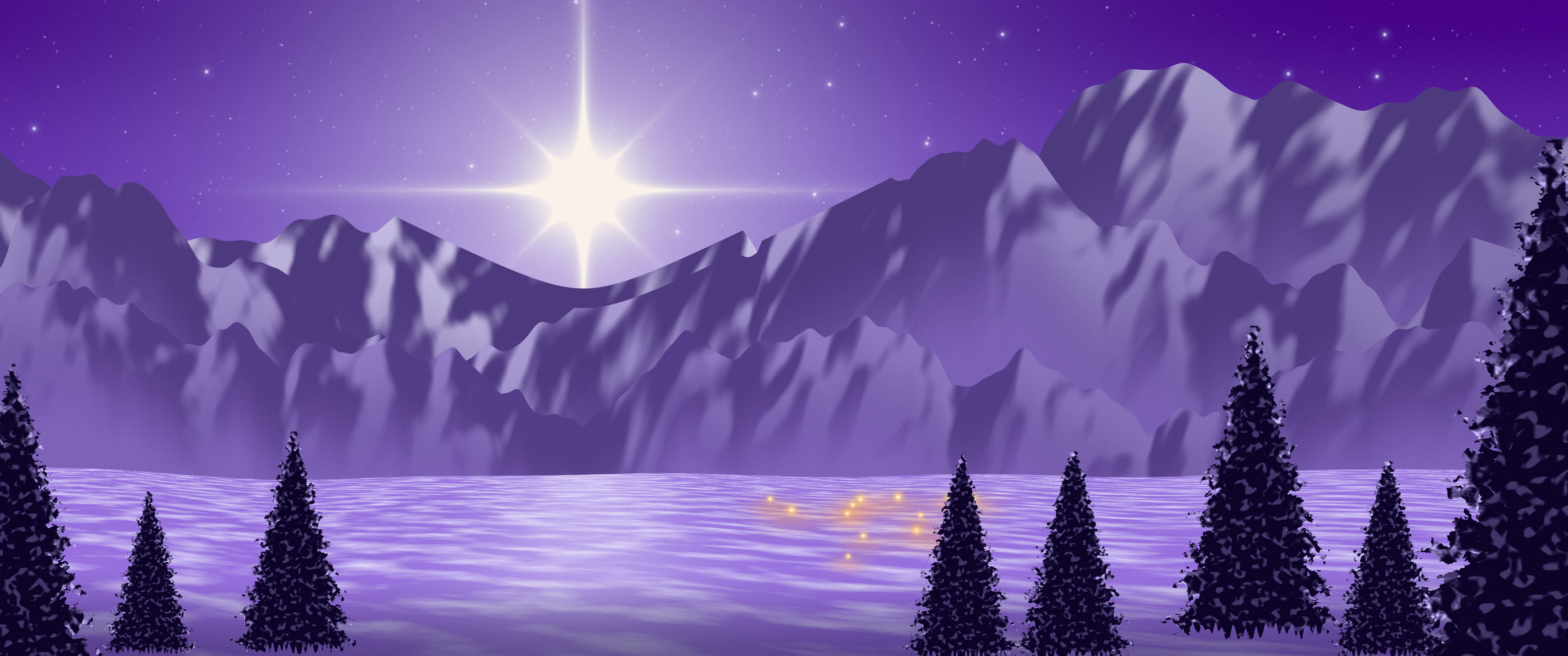 Purple Christmas Star over Mountains ultrawide wallpaper, 3440 × 1440
