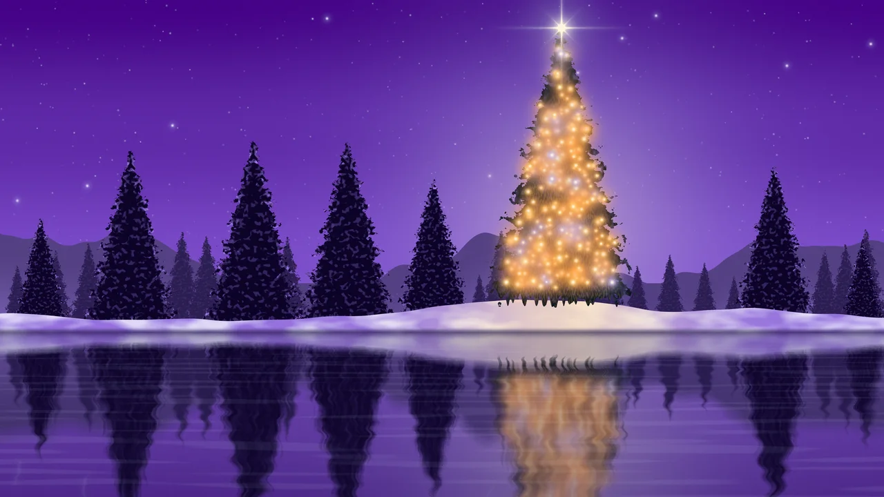 Purple Christmas Tree by a Lake desktop wallpaper in 4K