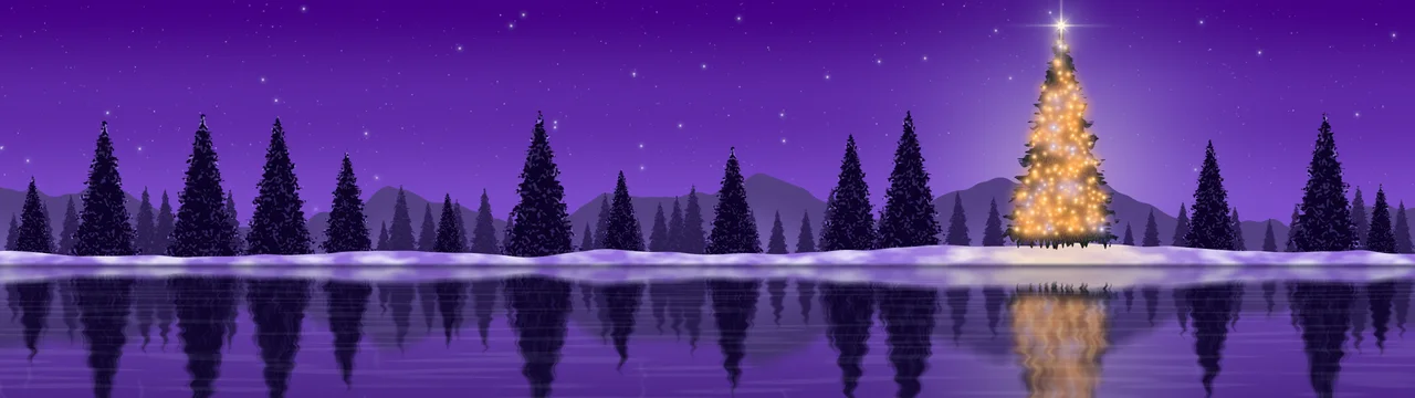 Purple Christmas Tree by a Lake dual monitor wallpaper, 7680 × 2160