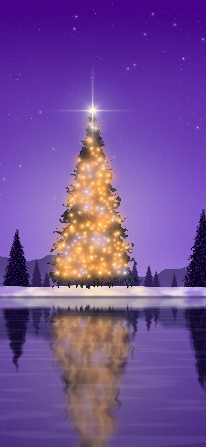 Purple Christmas Tree by a Lake wallpaper for iPhone and Android