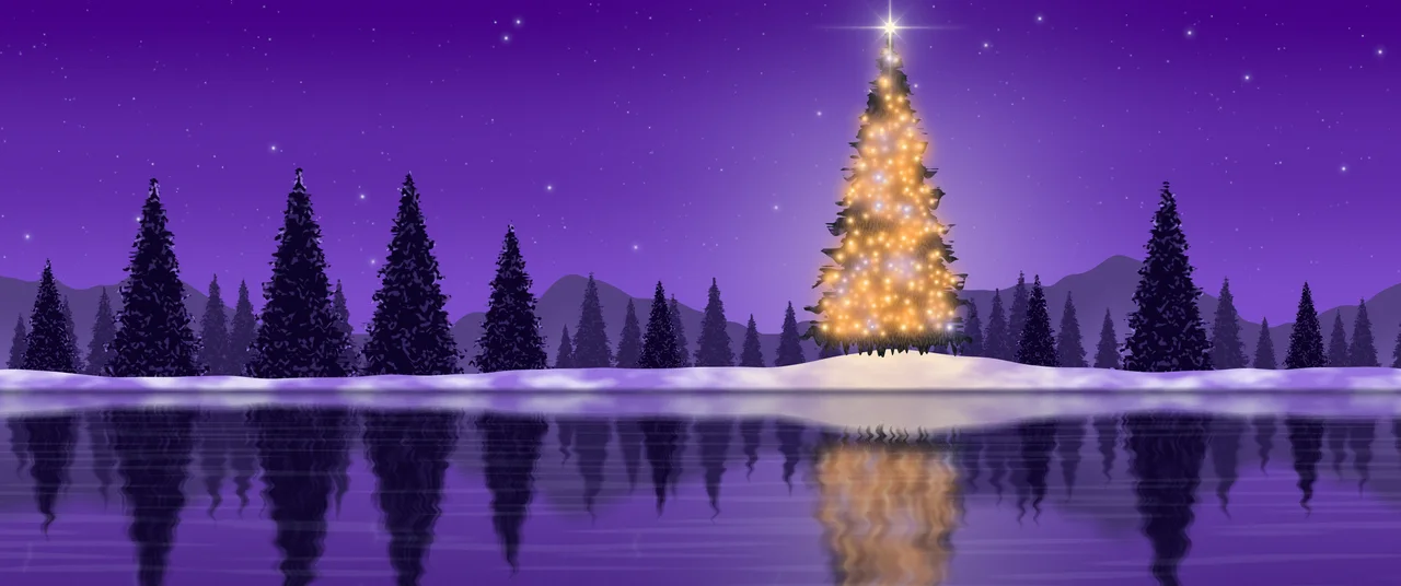 Purple Christmas Tree by a Lake ultrawide wallpaper, 3440 × 1440