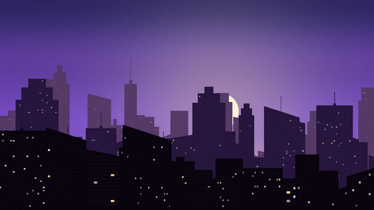 Purple City Skyline Sunset desktop wallpaper in 4K