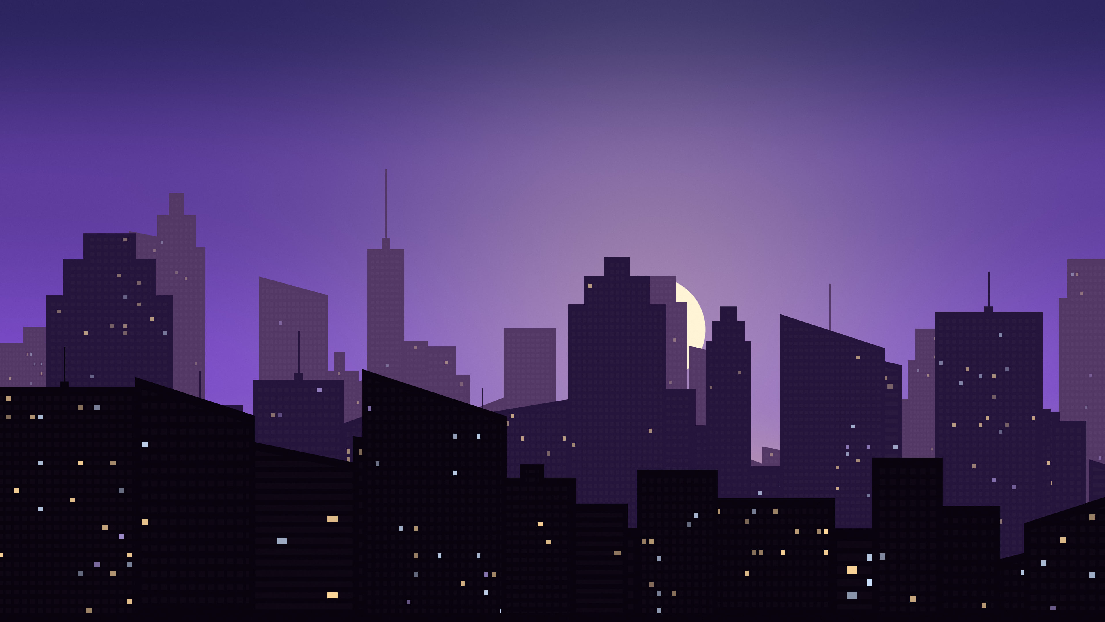 Purple City Skyline Sunset desktop wallpaper in 4K