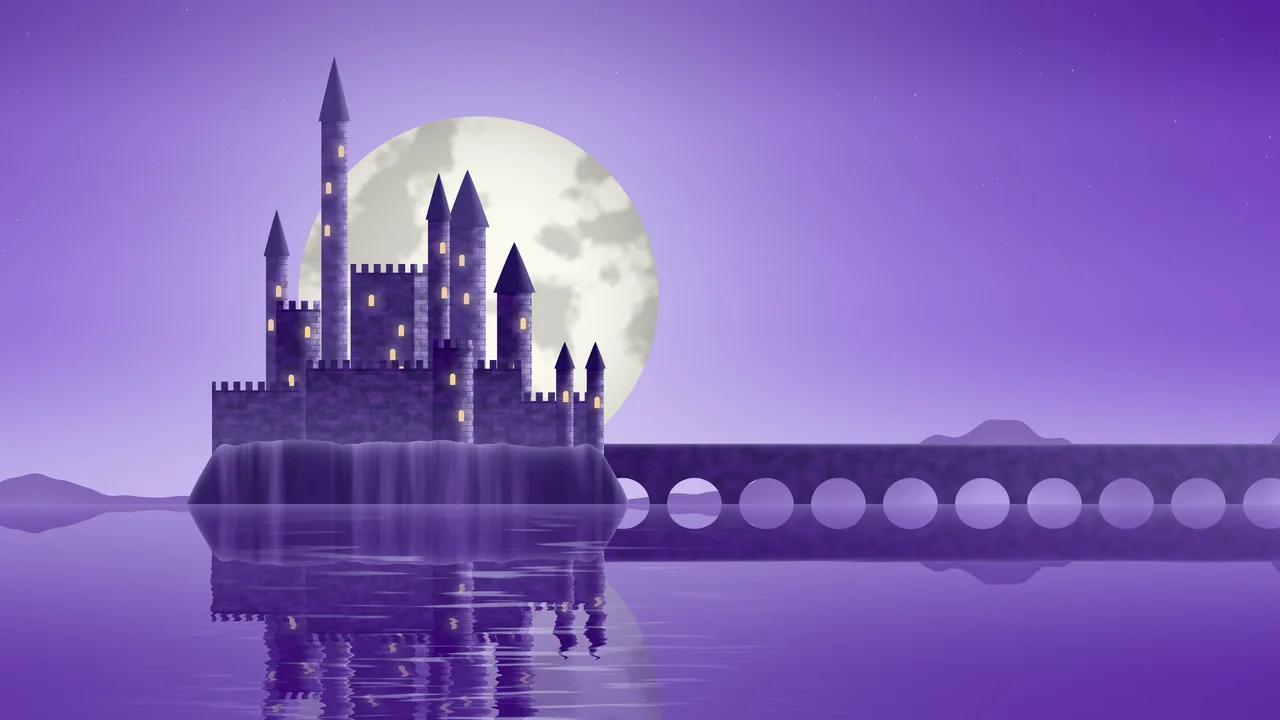 Purple Fantasy Castle on a Lake desktop wallpaper in 4K