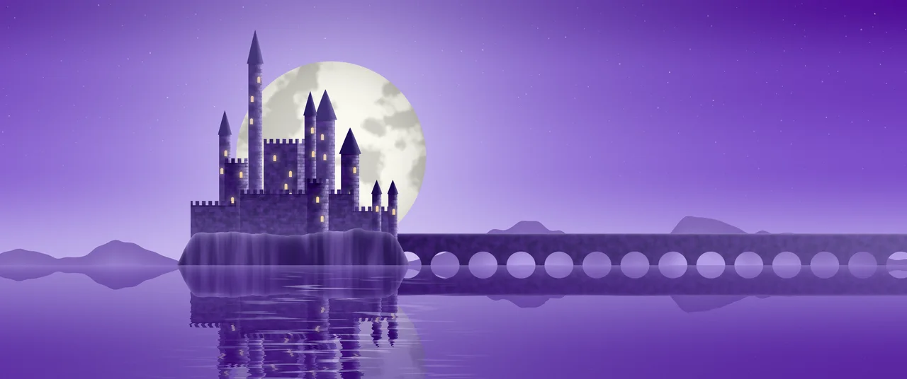 Purple Fantasy Castle on a Lake ultrawide wallpaper, 3440 × 1440