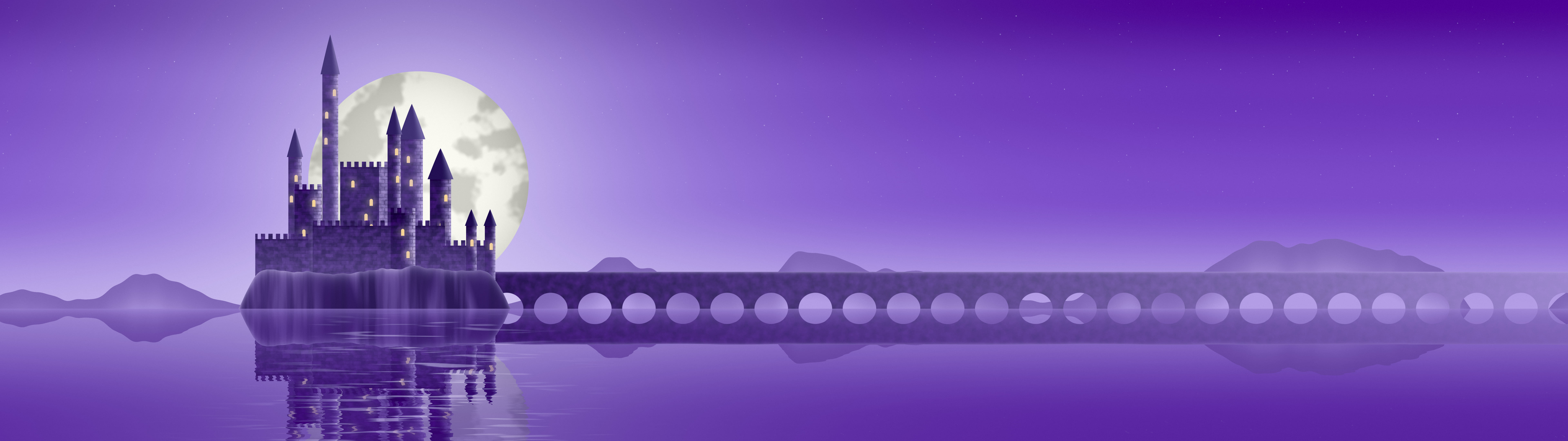 Purple Fantasy Castle on a Lake dual monitor wallpaper, 7680 × 2160
