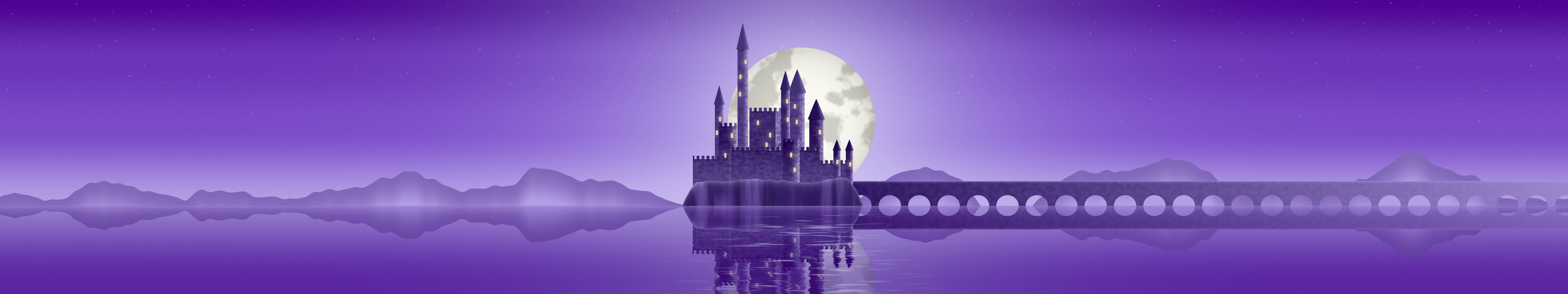 Purple Fantasy Castle on a Lake triple monitor wallpaper, 7680 × 1440