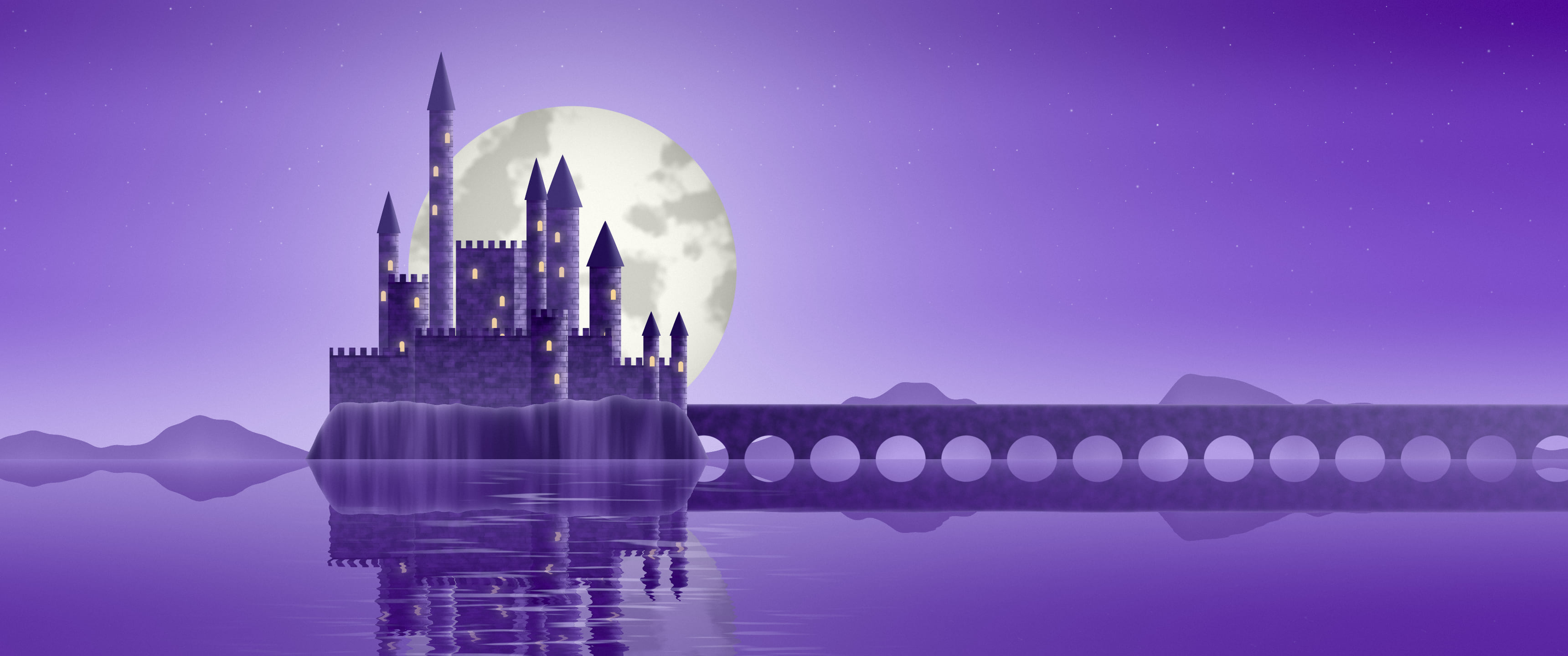 Purple Fantasy Castle on a Lake ultrawide wallpaper, 3440 × 1440