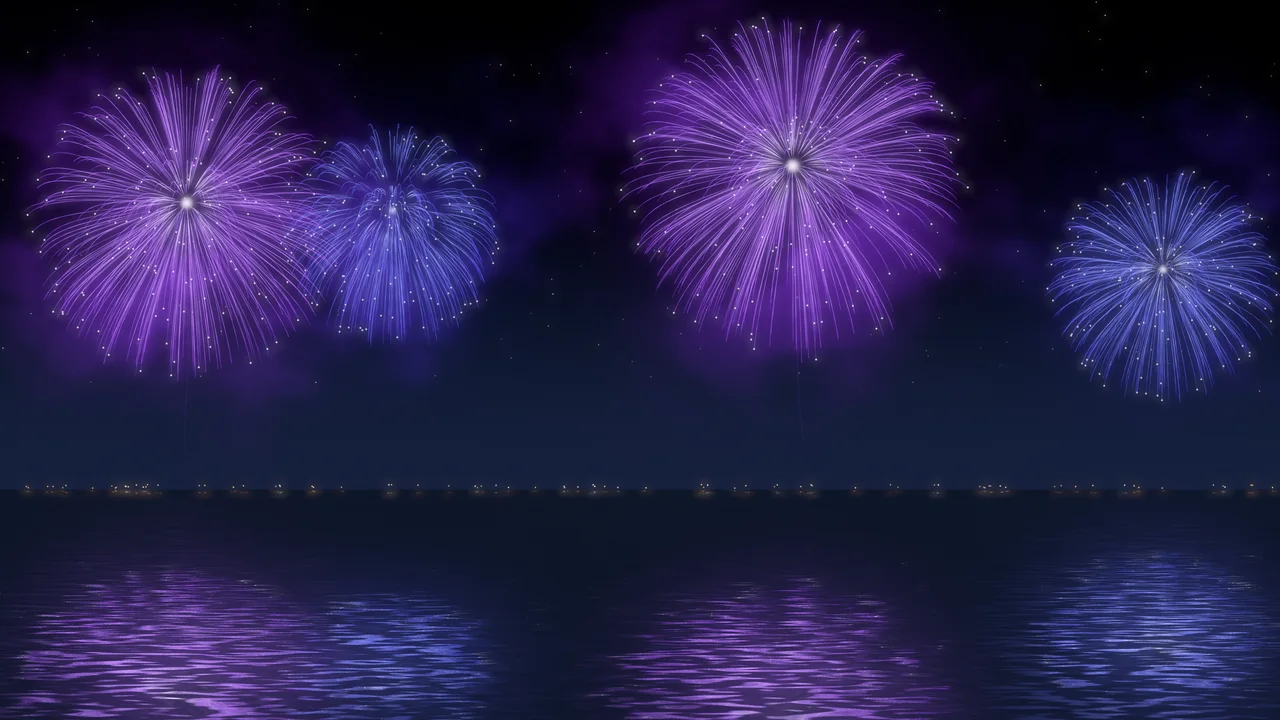 Purple Fireworks Over Water desktop wallpaper in 4K