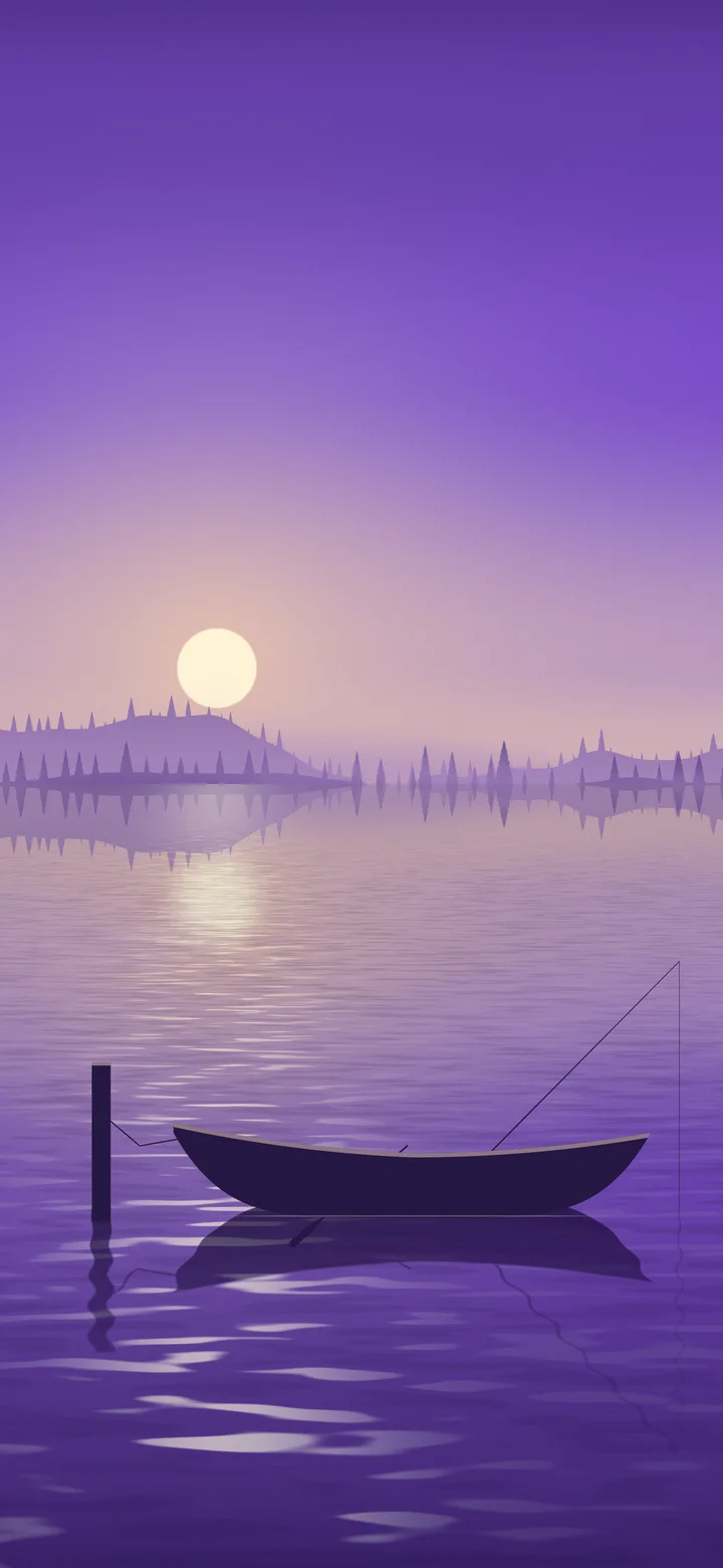 Purple Fishing Rowboat on a Misty Lake wallpaper for iPhone and Android