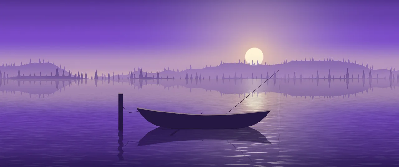Purple Fishing Rowboat on a Misty Lake ultrawide wallpaper, 3440 × 1440