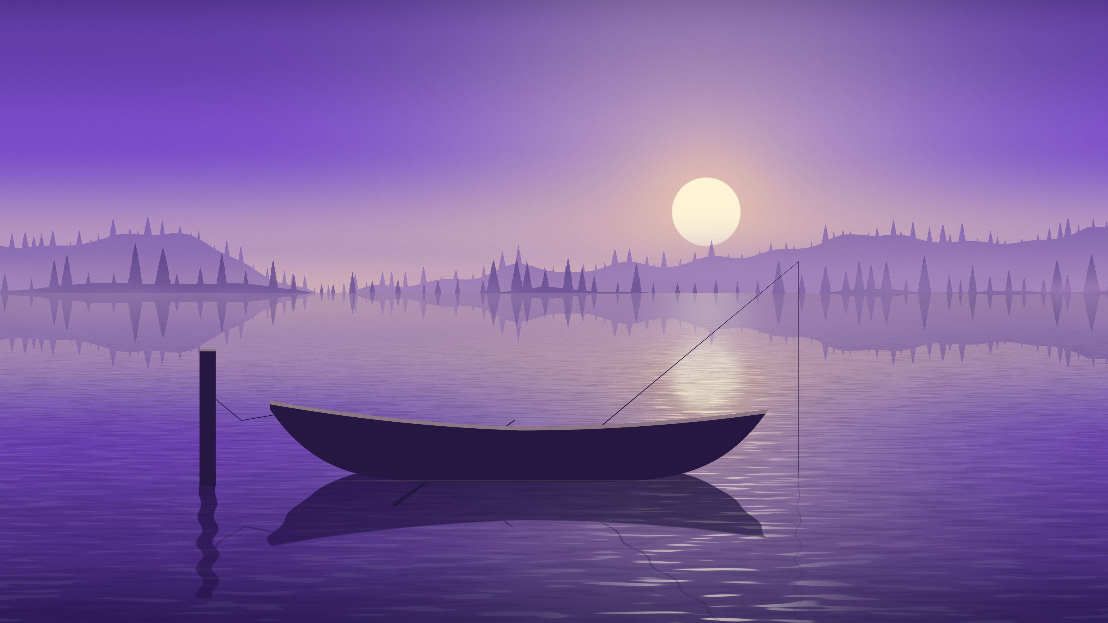 Purple Fishing Rowboat on a Misty Lake desktop wallpaper in 4K