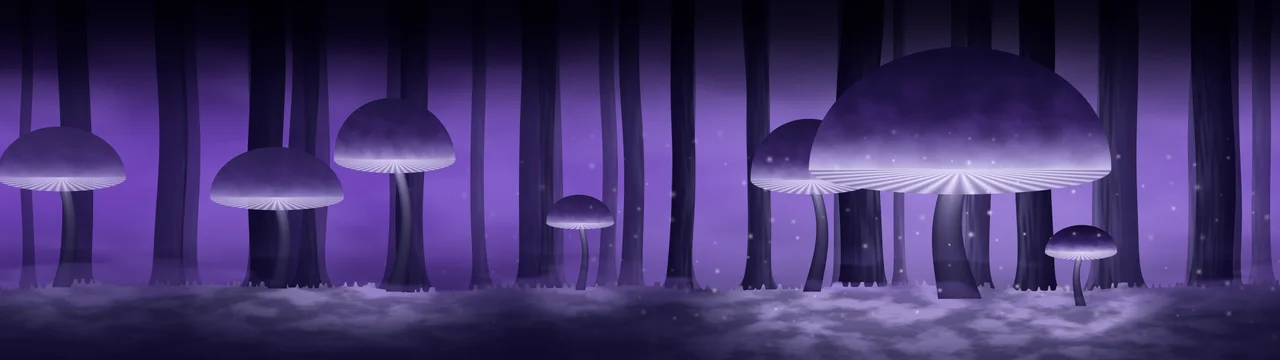 Purple Glowing Mushroom Forest dual monitor wallpaper, 7680 × 2160