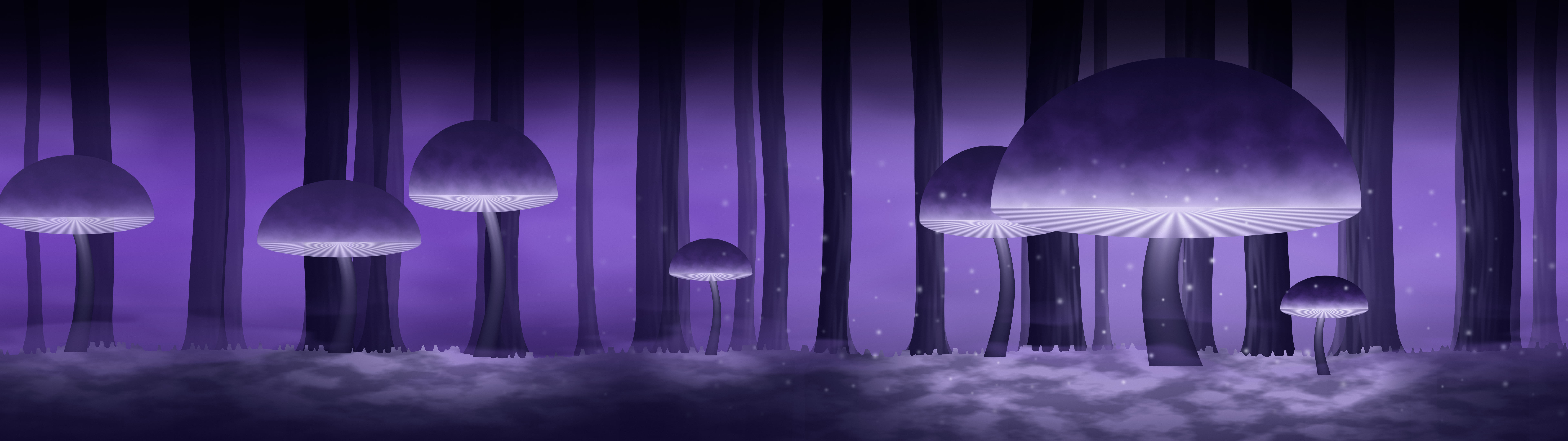Purple Glowing Mushroom Forest dual monitor wallpaper, 7680 × 2160