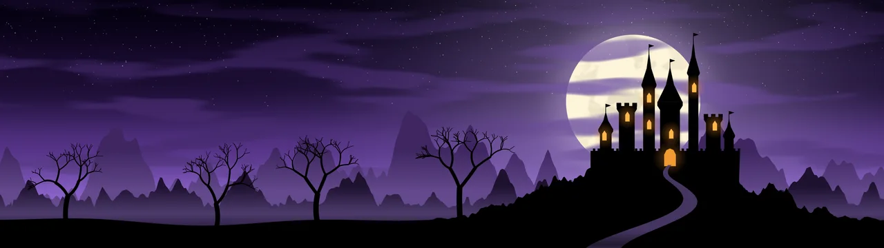 Purple Haunted Castle dual monitor wallpaper, 7680 × 2160
