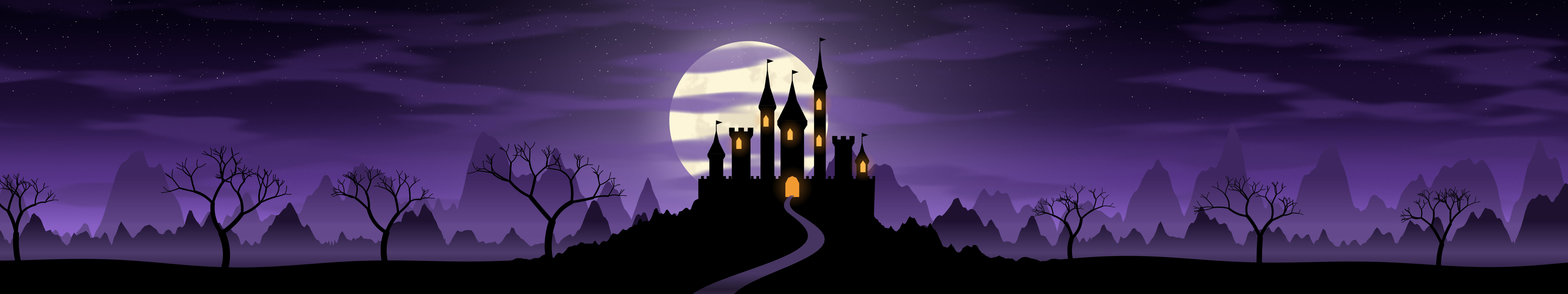 Purple Haunted Castle triple monitor wallpaper, 7680 × 1440