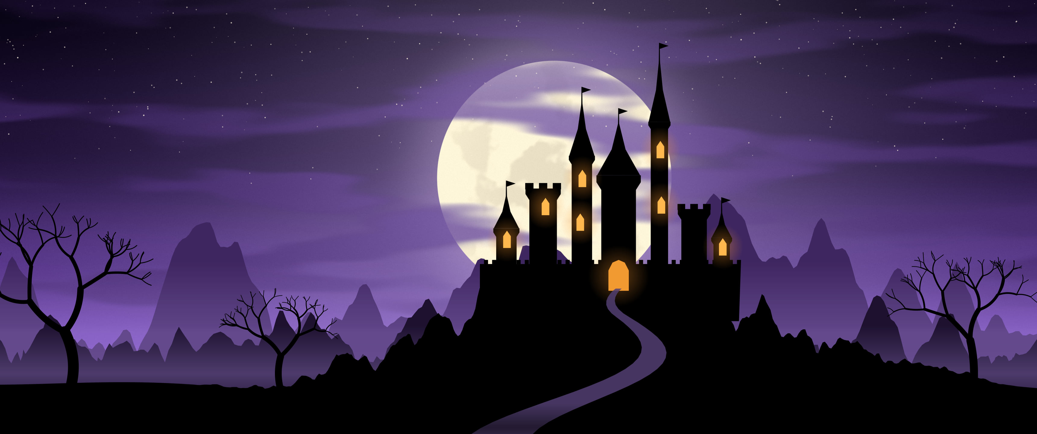 Purple Haunted Castle ultrawide wallpaper, 3440 × 1440