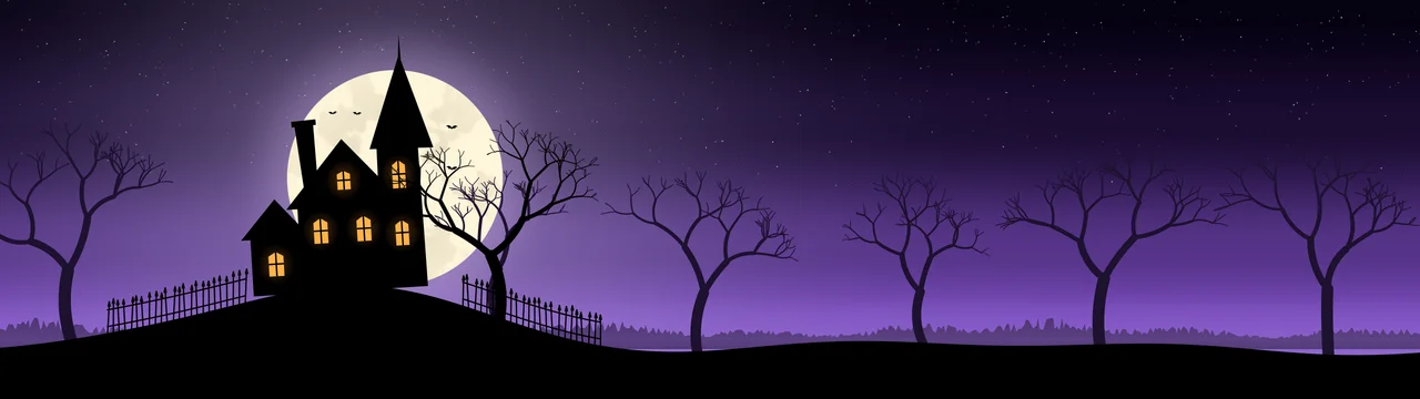 Purple Haunted House dual monitor wallpaper, 7680 × 2160