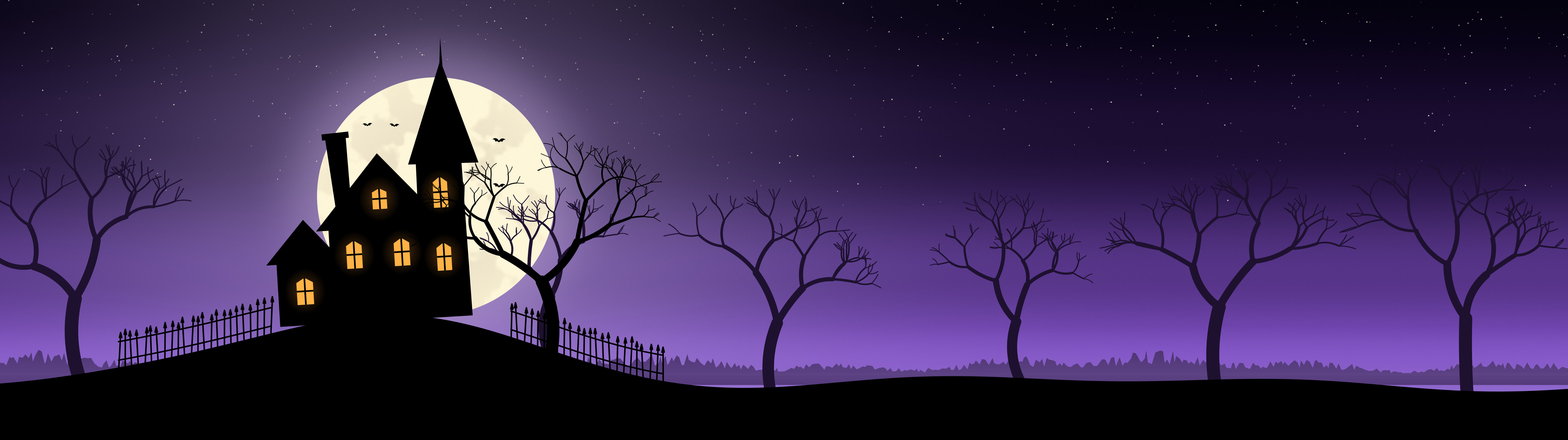 Purple Haunted House dual monitor wallpaper, 7680 × 2160