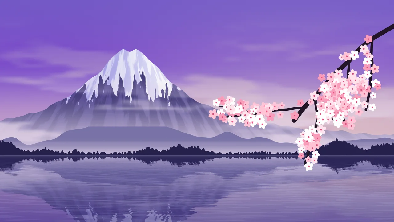 Purple Japanese Mountain and Cherry Blossom desktop wallpaper in 4K