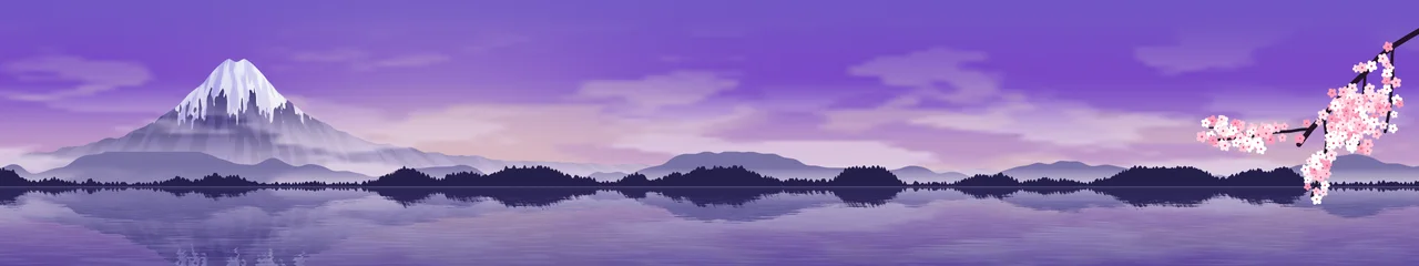 Purple Japanese Mountain and Cherry Blossom triple monitor wallpaper, 7680 × 1440