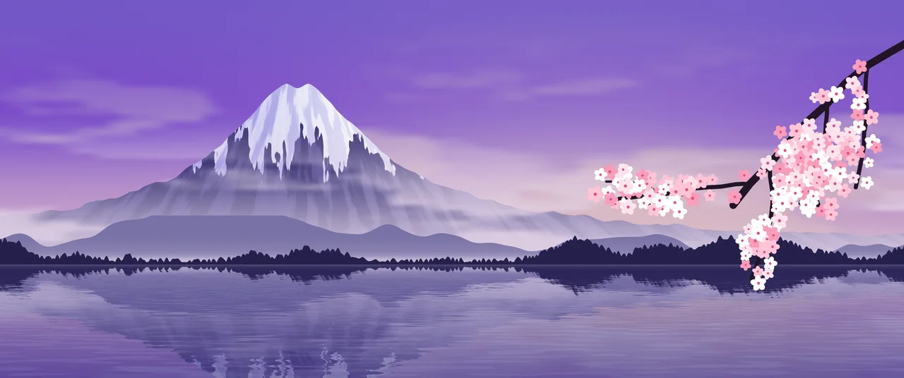 Purple Japanese Mountain and Cherry Blossom ultrawide wallpaper, 3440 × 1440