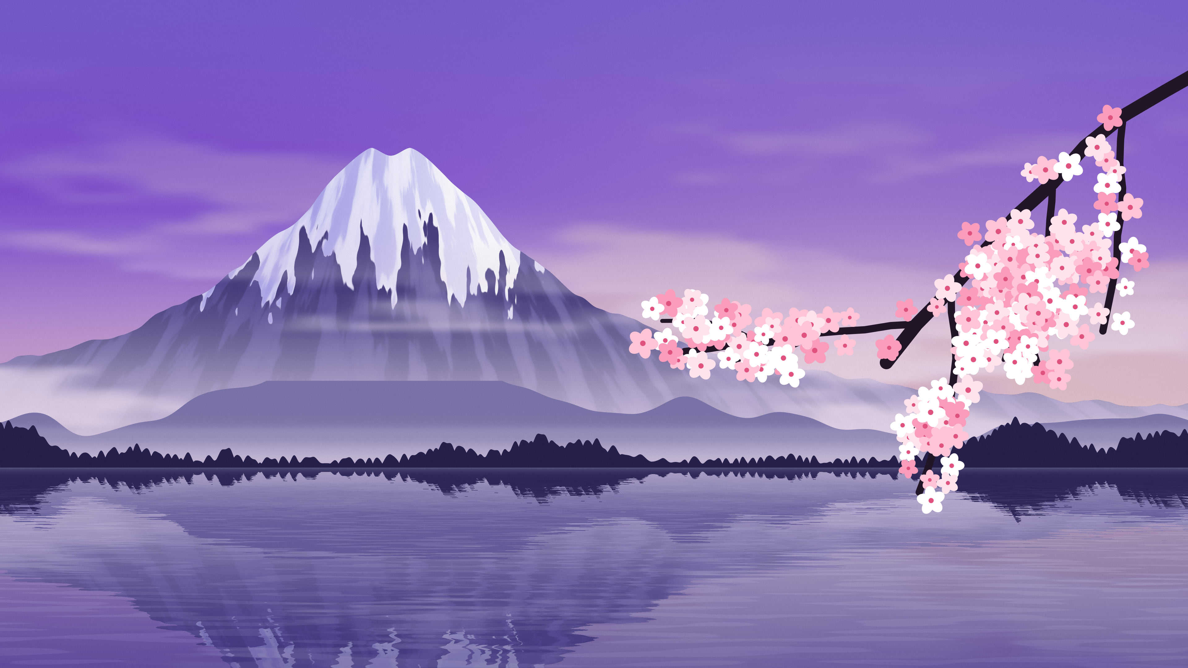 Purple Japanese Mountain and Cherry Blossom desktop wallpaper in 4K