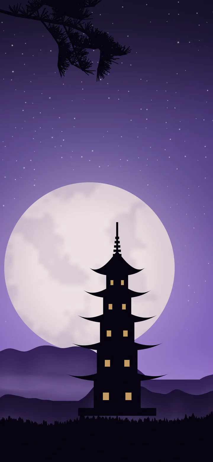Purple Japanese Pagoda and Moon wallpaper for iPhone and Android