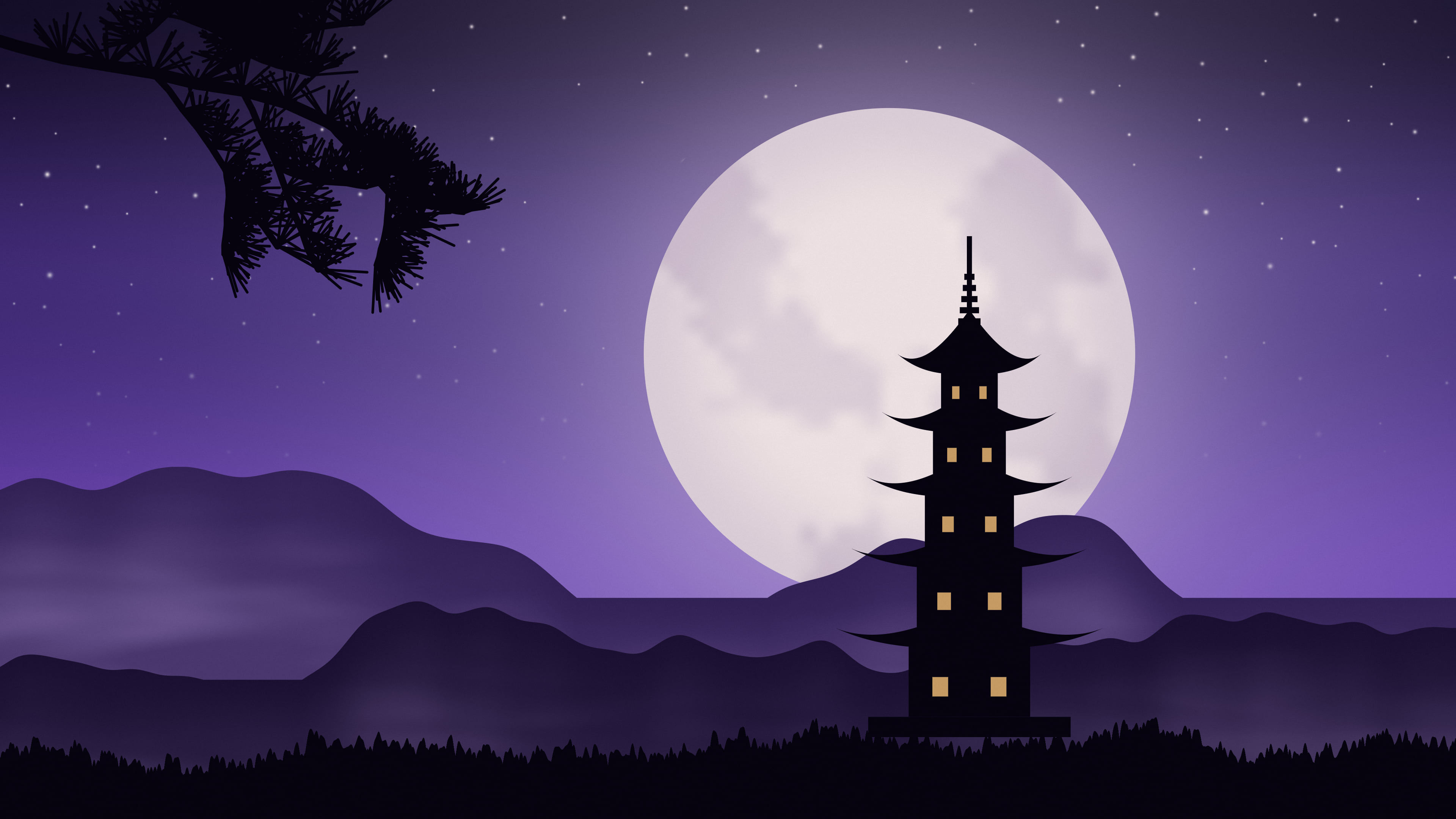 Purple Japanese Pagoda and Moon desktop wallpaper in 4K