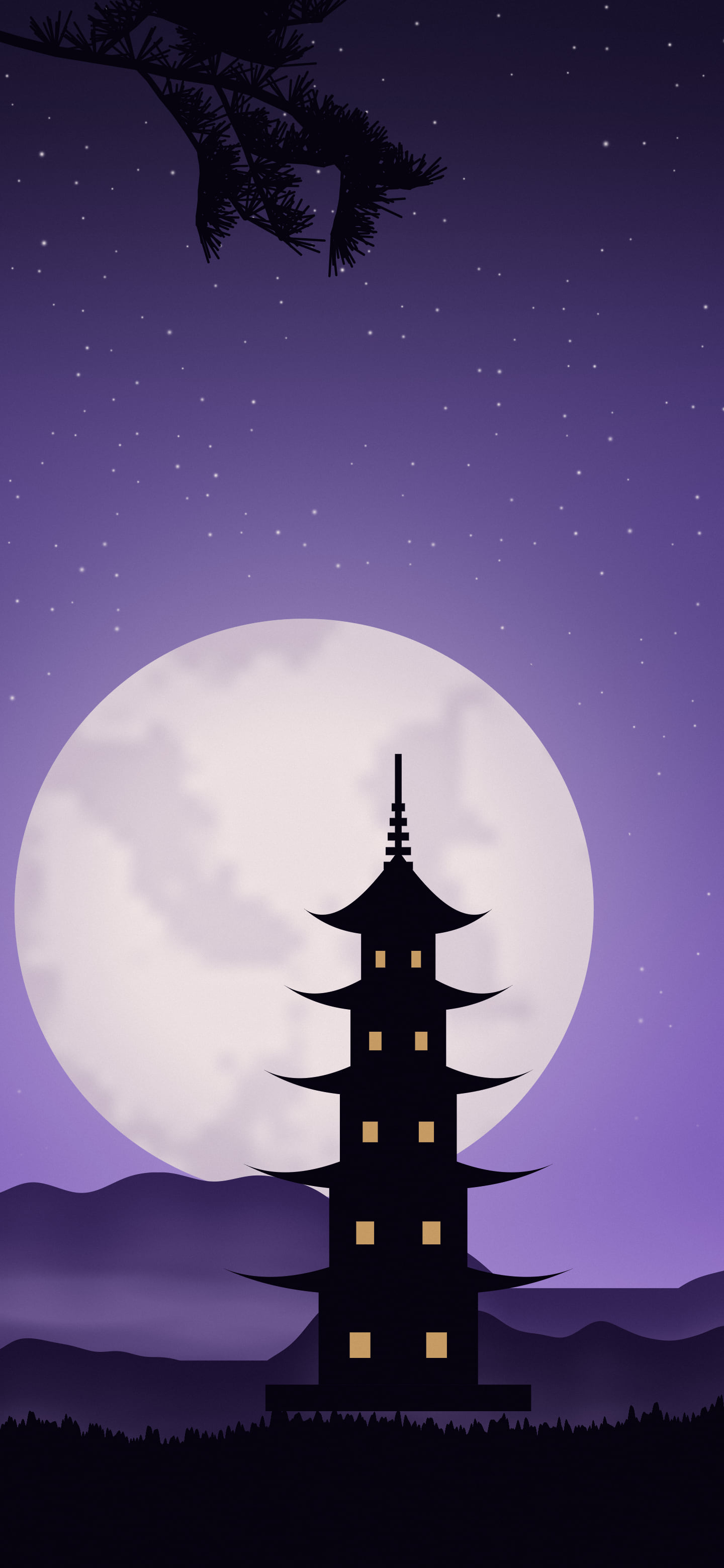 Purple Japanese Pagoda and Moon wallpaper for iPhone and Android