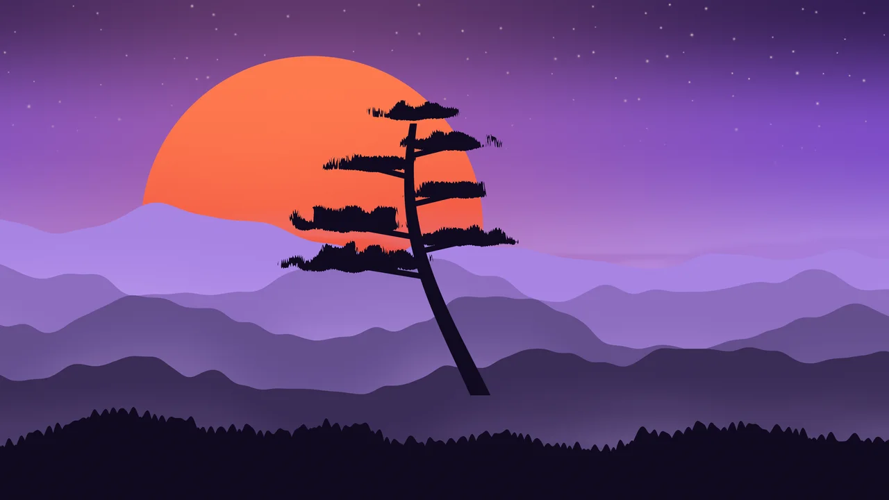 Purple Japanese Sun and Misty Mountains desktop wallpaper in 4K