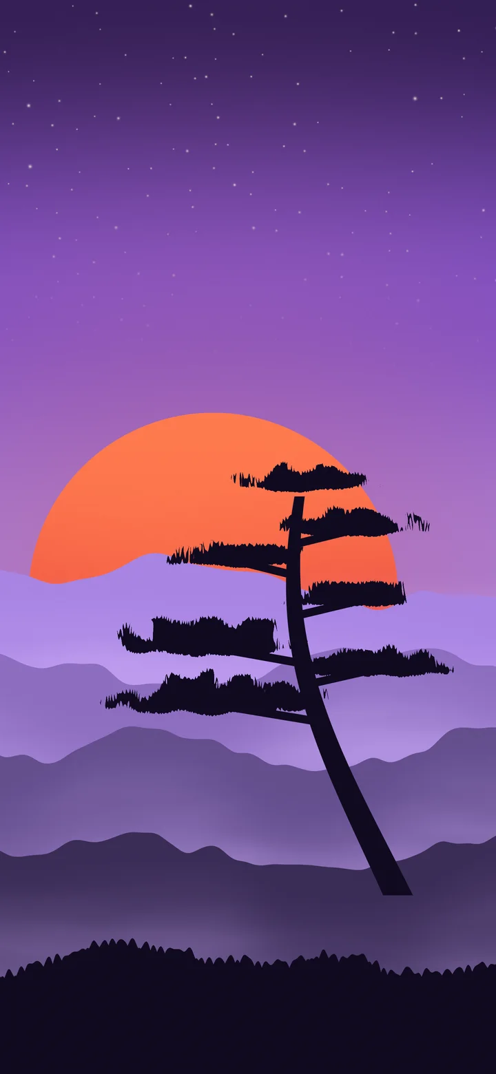 Purple Japanese Sun and Misty Mountains wallpaper for iPhone and Android