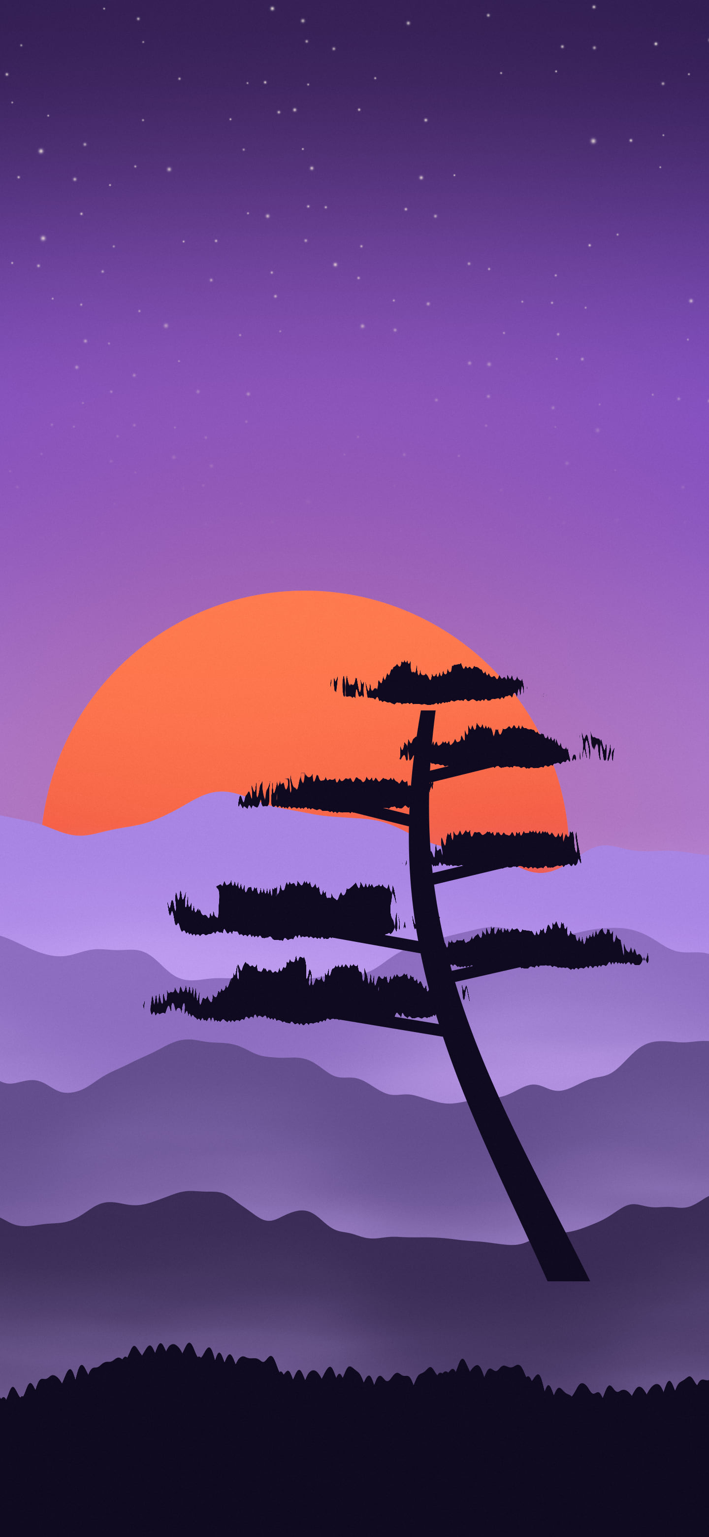Purple Japanese Sun and Misty Mountains wallpaper for iPhone and Android