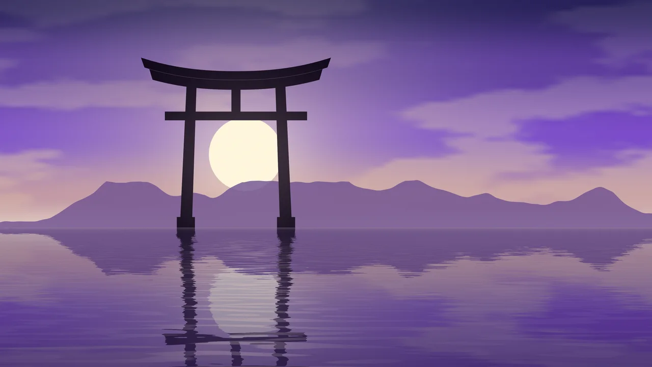 Purple Japanese Torii Gate Sunset desktop wallpaper in 4K