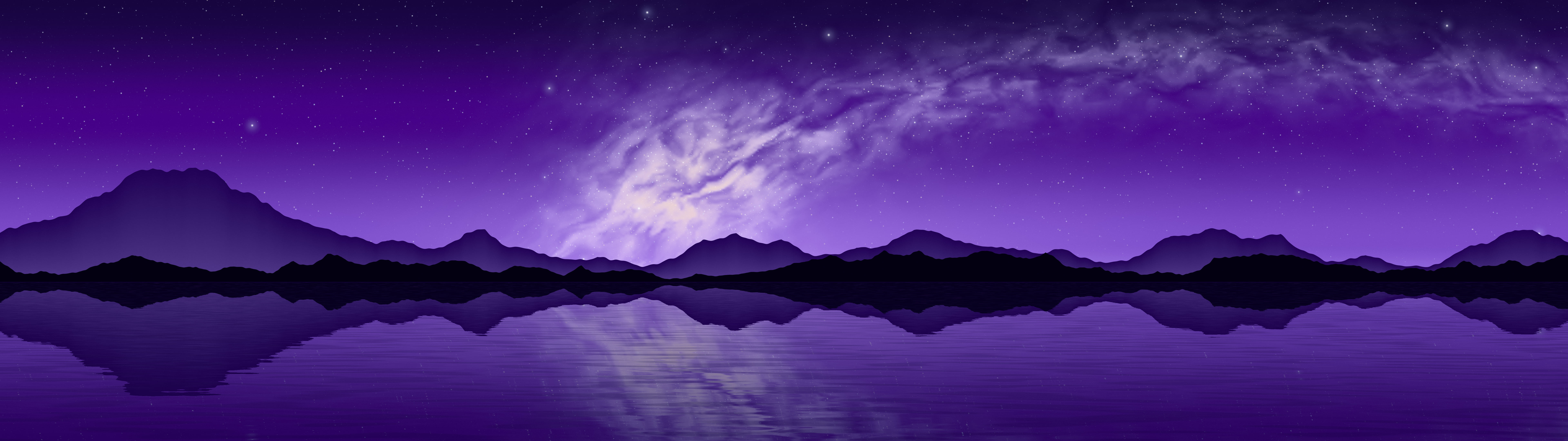 Purple Milky Way over a Lake dual monitor wallpaper, 7680 × 2160