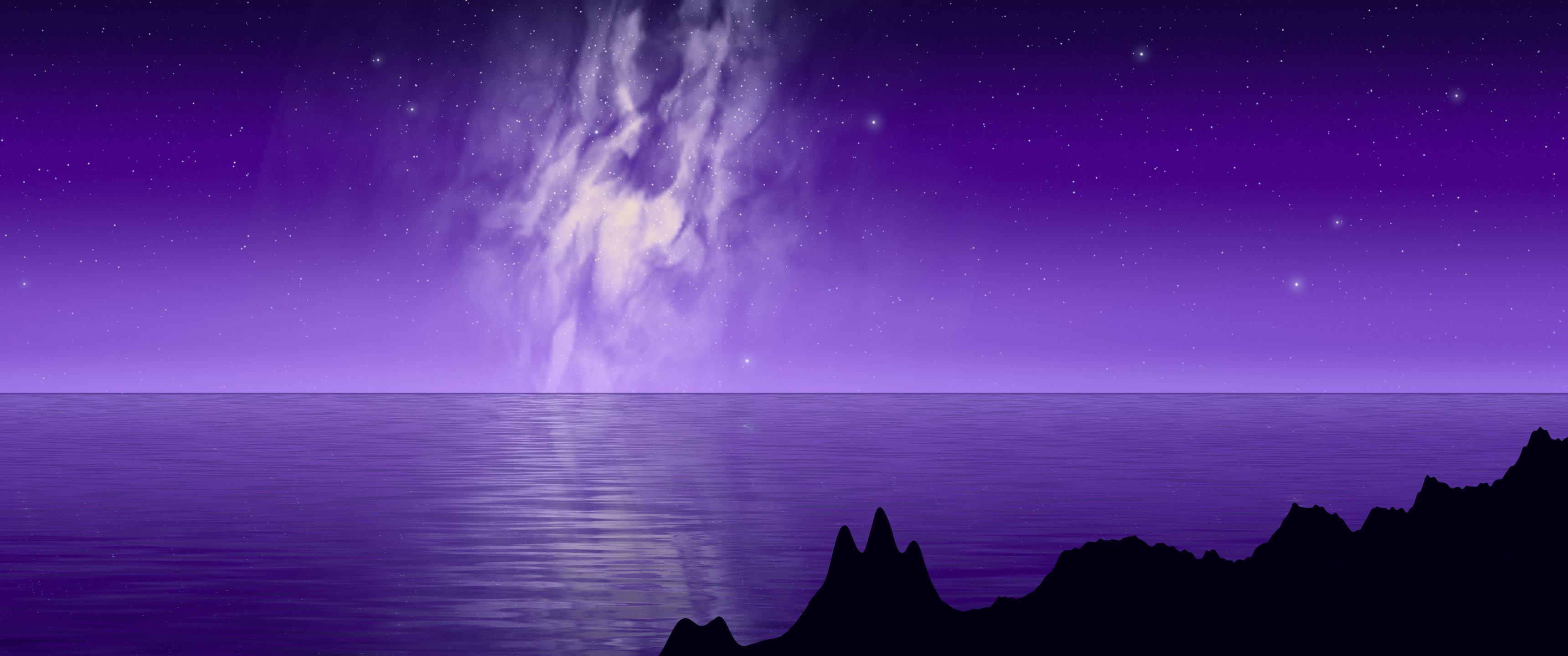 Purple Milky Way over the Ocean ultrawide wallpaper, 3440 × 1440