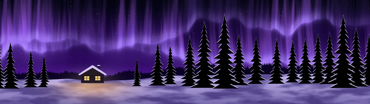 Purple Northern Lights Cabin dual monitor wallpaper, 7680 × 2160