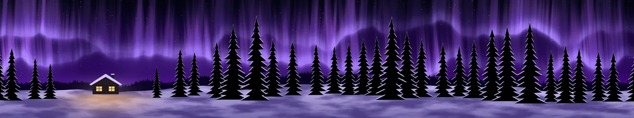 Purple Northern Lights Cabin triple monitor wallpaper, 7680 × 1440