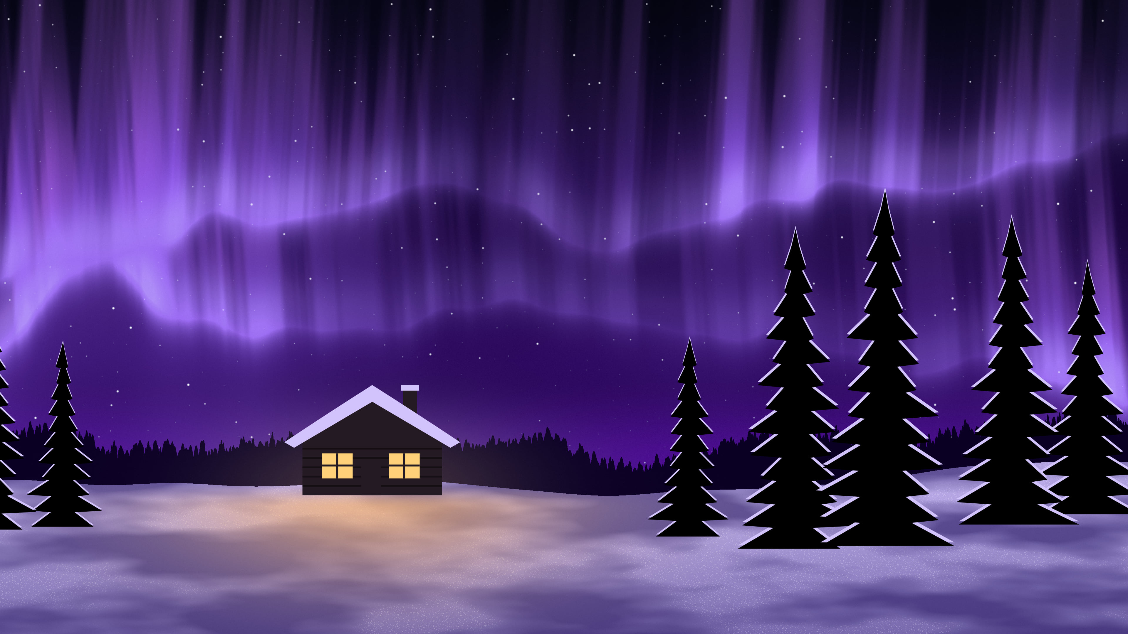 Purple Northern Lights Cabin desktop wallpaper in 4K