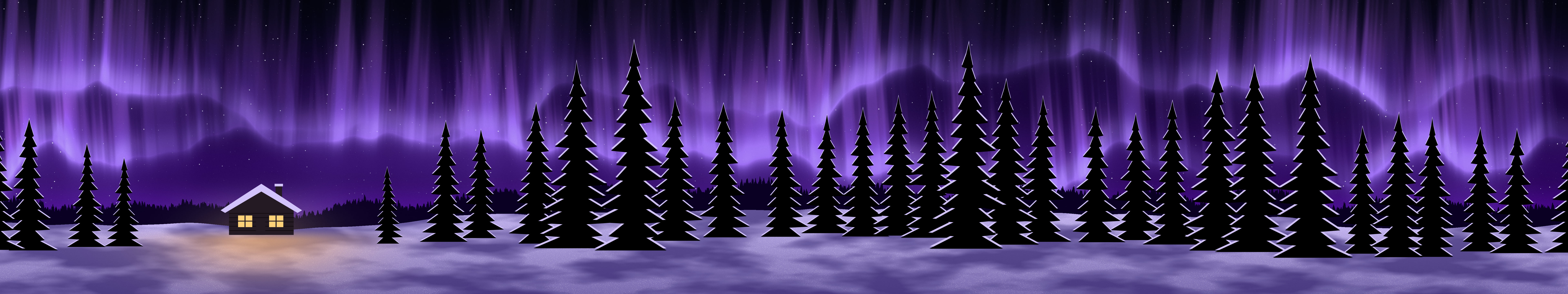 Purple Northern Lights Cabin triple monitor wallpaper, 7680 × 1440