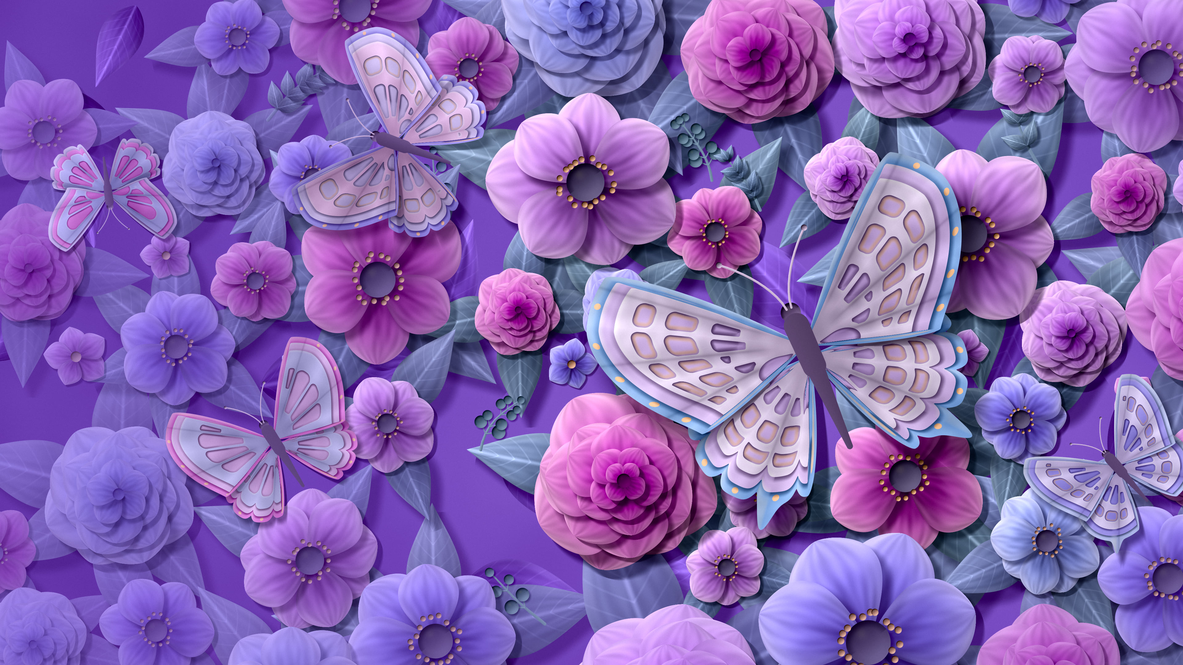 Purple Paper Butterflies and Flowers desktop wallpaper in 4K