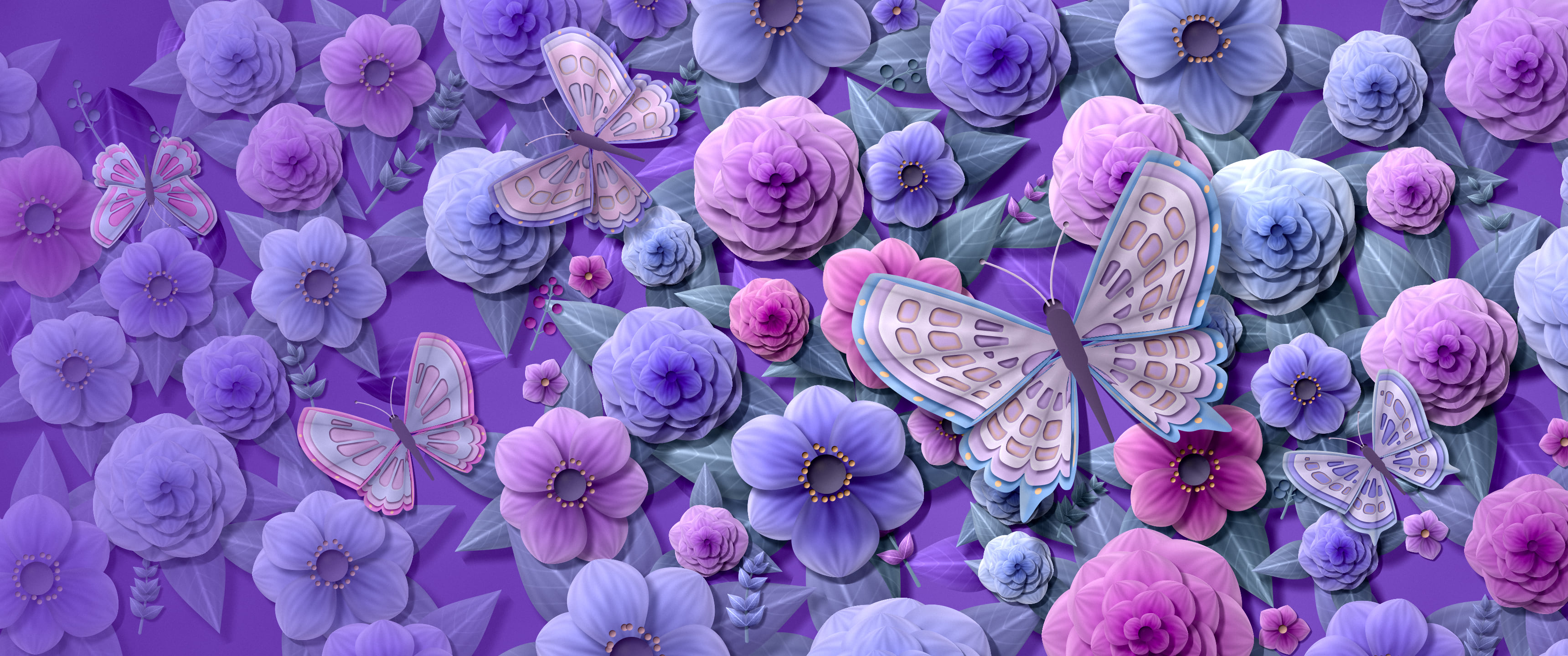 Purple Paper Butterflies and Flowers ultrawide wallpaper, 3440 × 1440