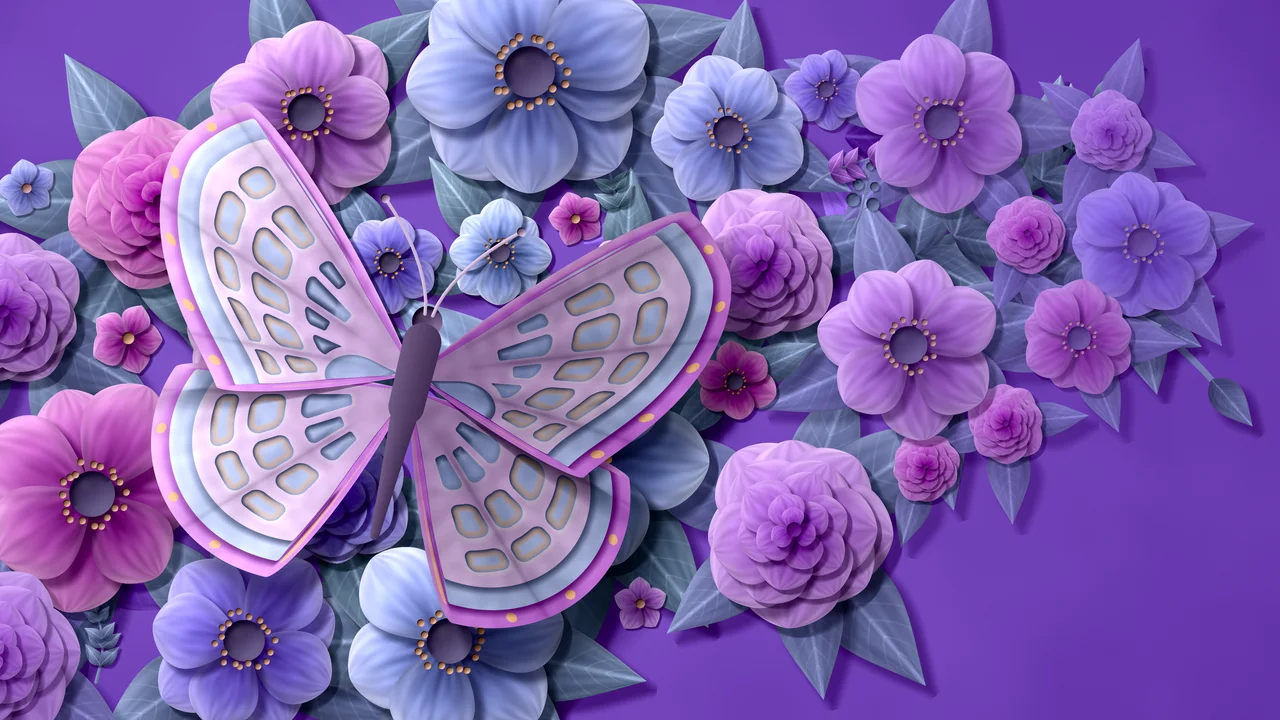 Purple Paper Butterfly on Flowers desktop wallpaper in 4K