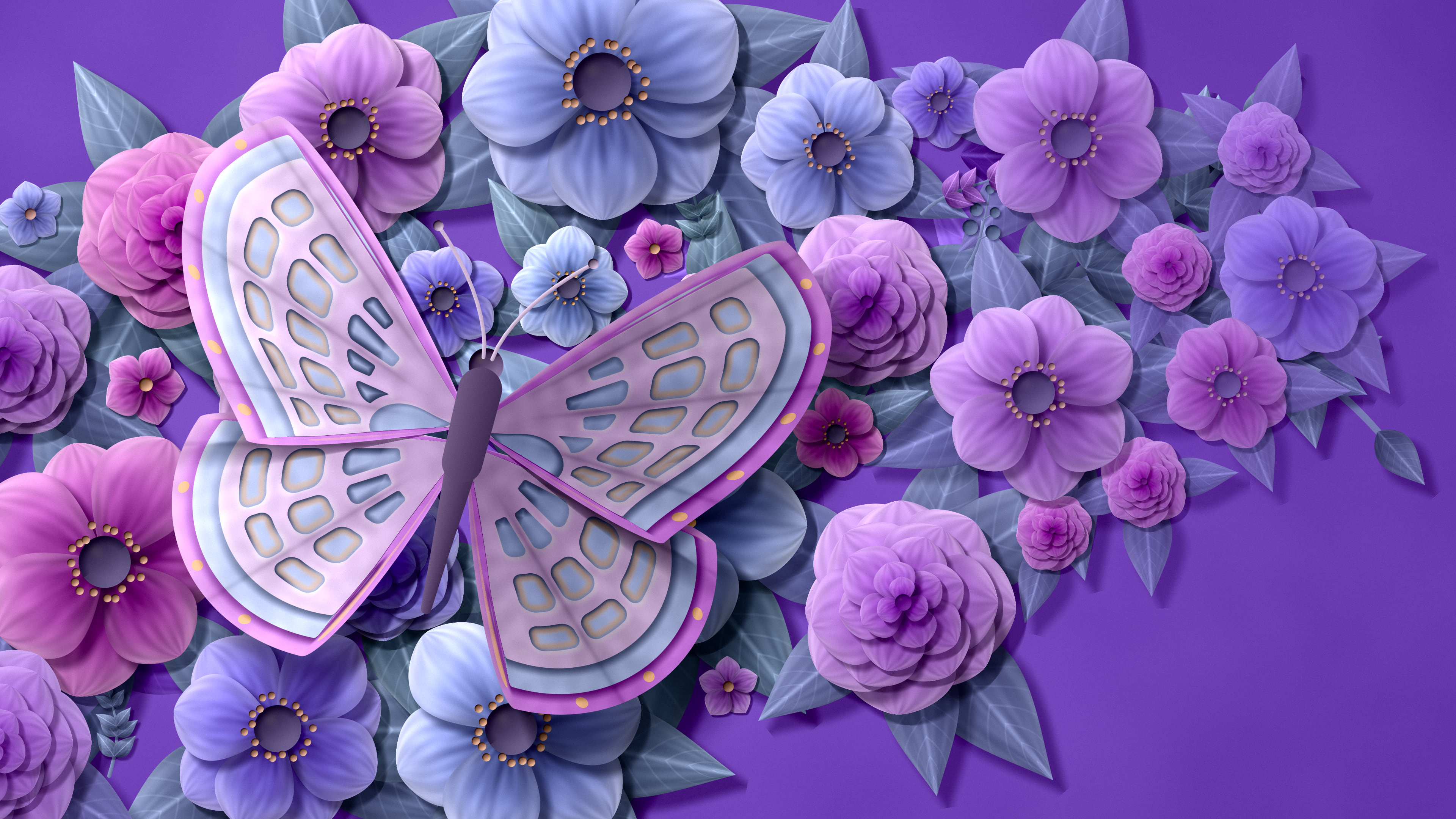 Purple Paper Butterfly on Flowers desktop wallpaper in 4K